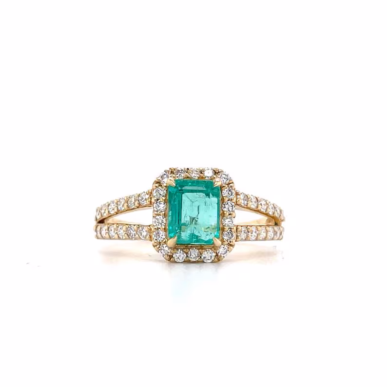 Green emerald and natural small diamond ring in 14K solid gold