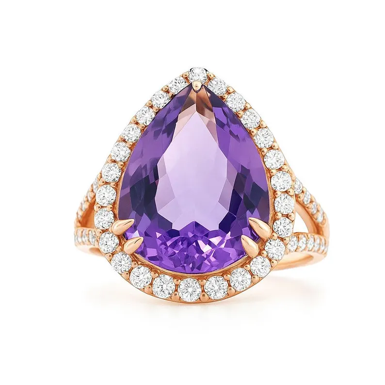 Rose-gold amethyst and diamond halo ring